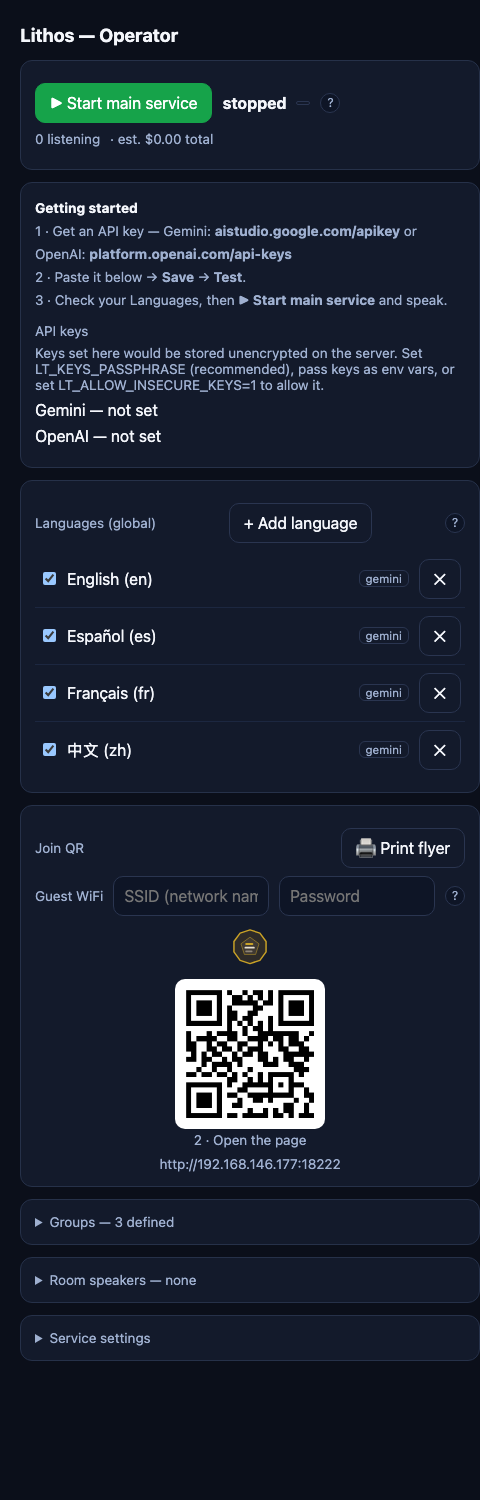 The Operator tab: start button, getting-started card with API keys, the language list, and the join QR with a printable flyer.
