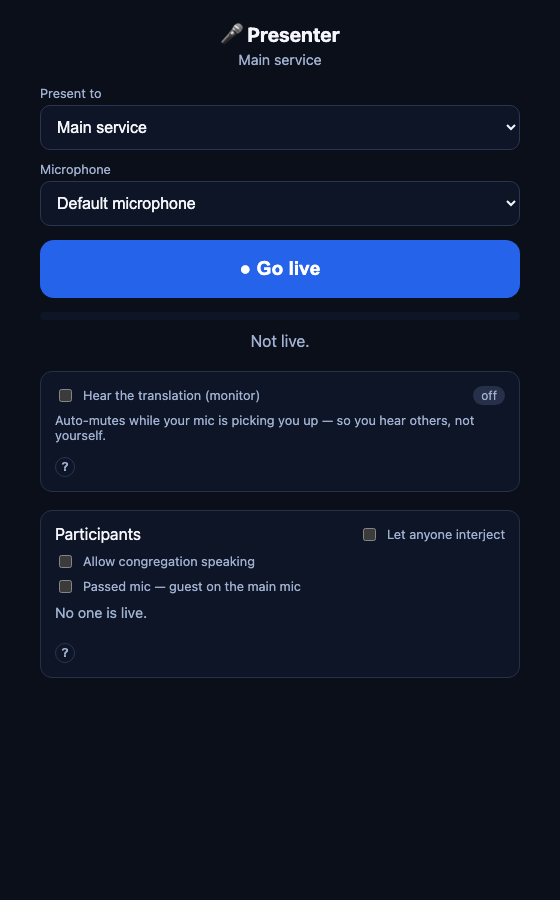 The Presenter tab: scope picker, microphone picker, the Go live button, and the Participants moderation panel.