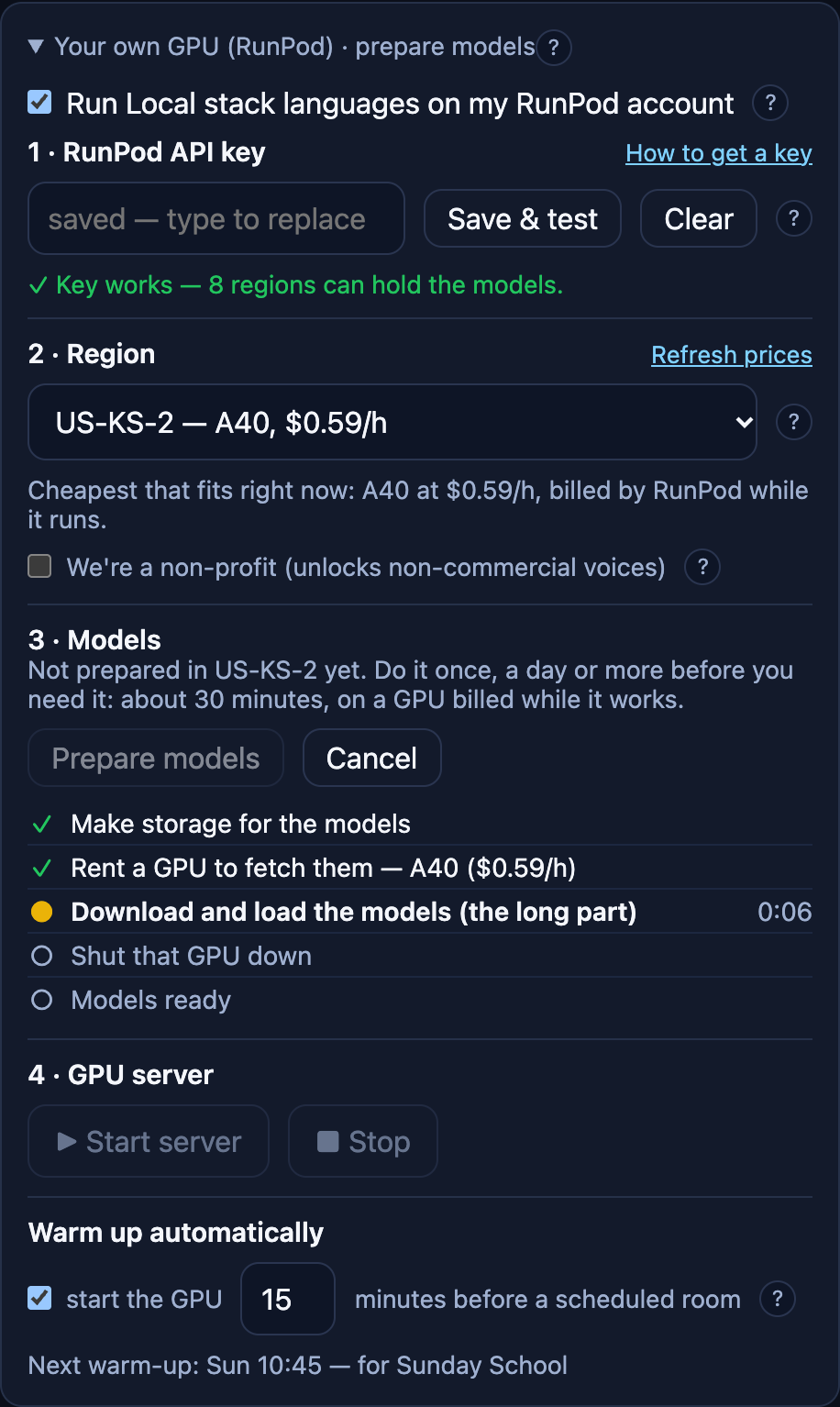 Prepare models in progress: storage made, a GPU rented, models downloading, then shutting that GPU down and Models ready still to come.