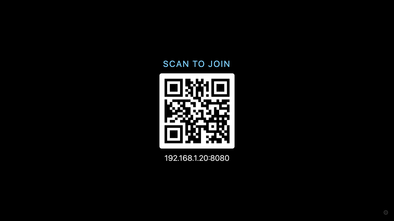 A screen showing Scan to join above a QR code and the address 192.168.1.20:8080.