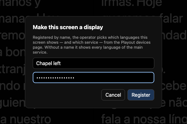The Make this screen a display form, with the name Chapel left and the operator PIN filled in, and a Register button.